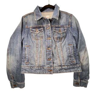 JCP Blue Jeans Denim Jacket Medium Distressed 93677 Button Pockets Short Classic